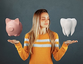 woman with tooth and piggy bank cosmetic dentistry in Edison 
