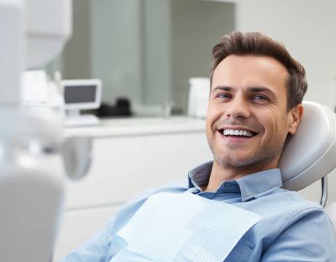Happy, smiling patient in dental treatment chair