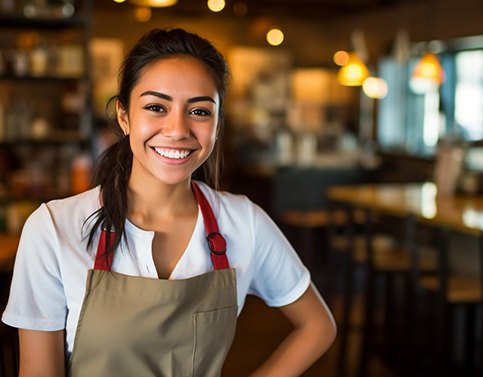 Woman in apron smiling while working in restaurant